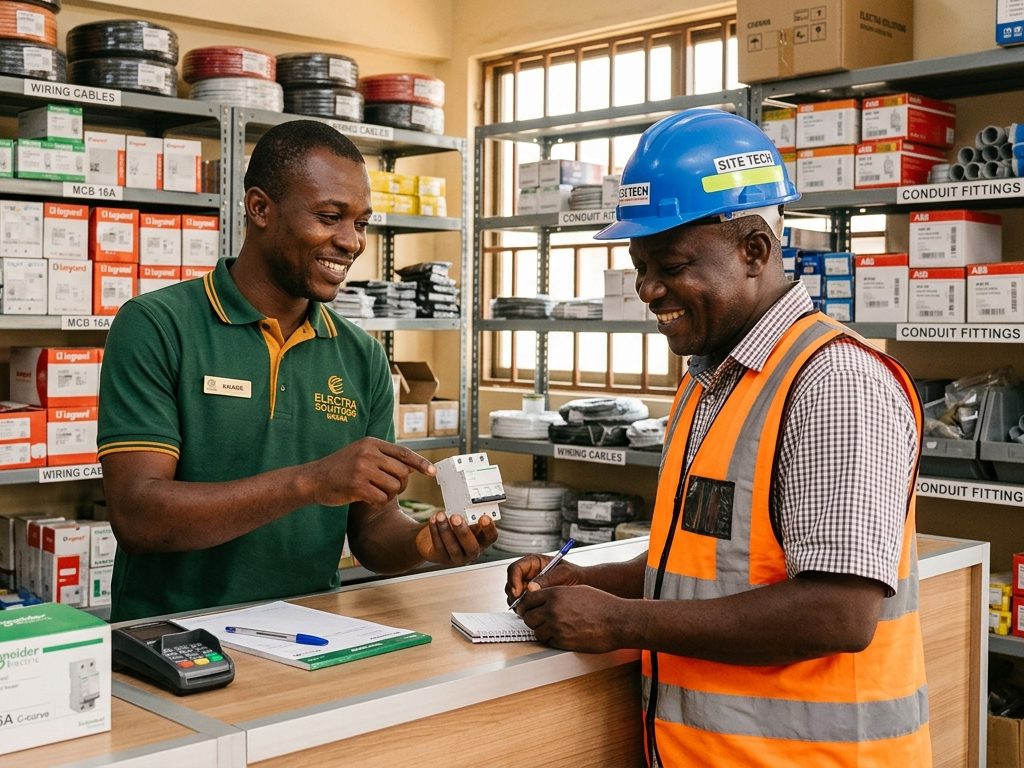 Hay Nyark staff member showing a circuit breaker to a contractor at the shop counter
